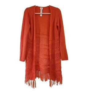 Chicos Fringe Cardigan Sweater 0 Small Orange Tassel‎ Boho Crochet Open Front